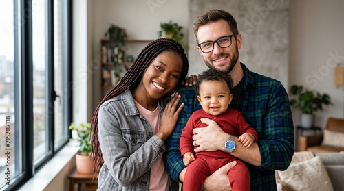 Portrait of a happy multiracial family holding their adorable baby in a modern home