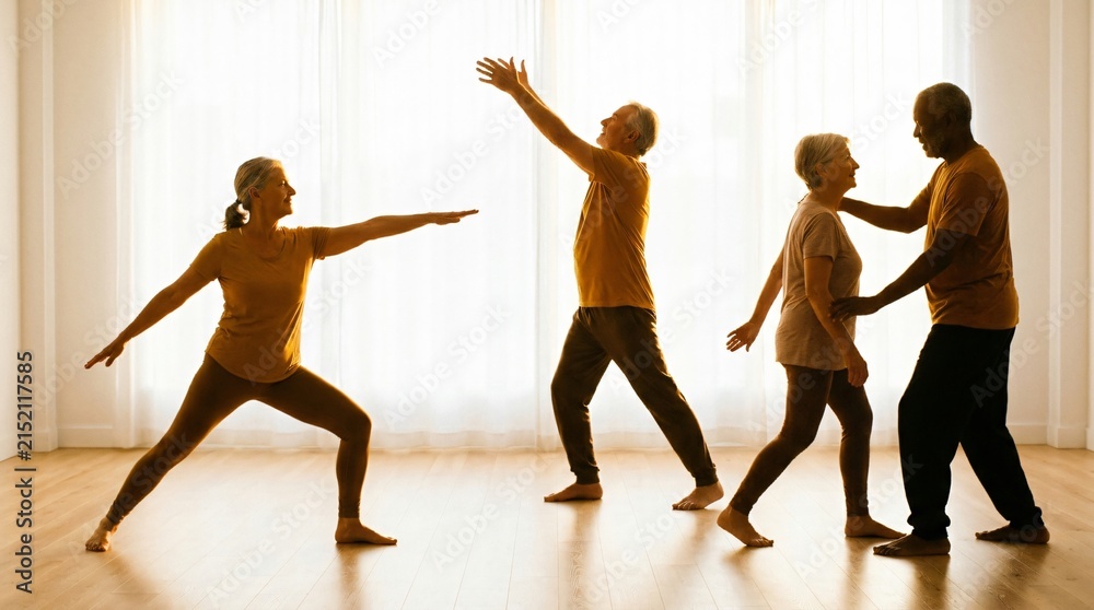 Fototapeta premium Active seniors practicing yoga and movement exercises in a sunlit room, celebrating healthy aging and wellness for Grandparents Day.