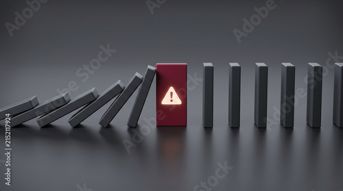 System Failure Prevention and Risk Management Concept Featuring Red Warning Block Halting Domino Effect