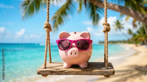 Pink piggy bank wearing sunglasses on a wooden swing at a tropical beach vacation