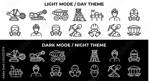 Принти на полотні Coal mining equipment and miner safety linear icon set for industrial extraction