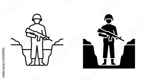 Soldier standing in a military trench vector icon set