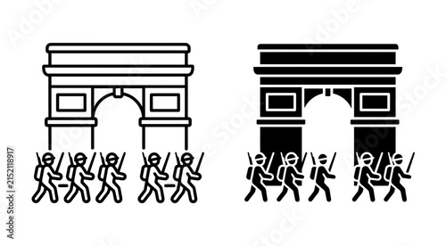 Soldiers marching through a large stone monument archway icon set