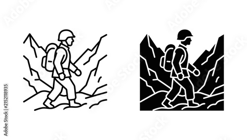 Soldier Walking Through Mountains Vector Icon Set