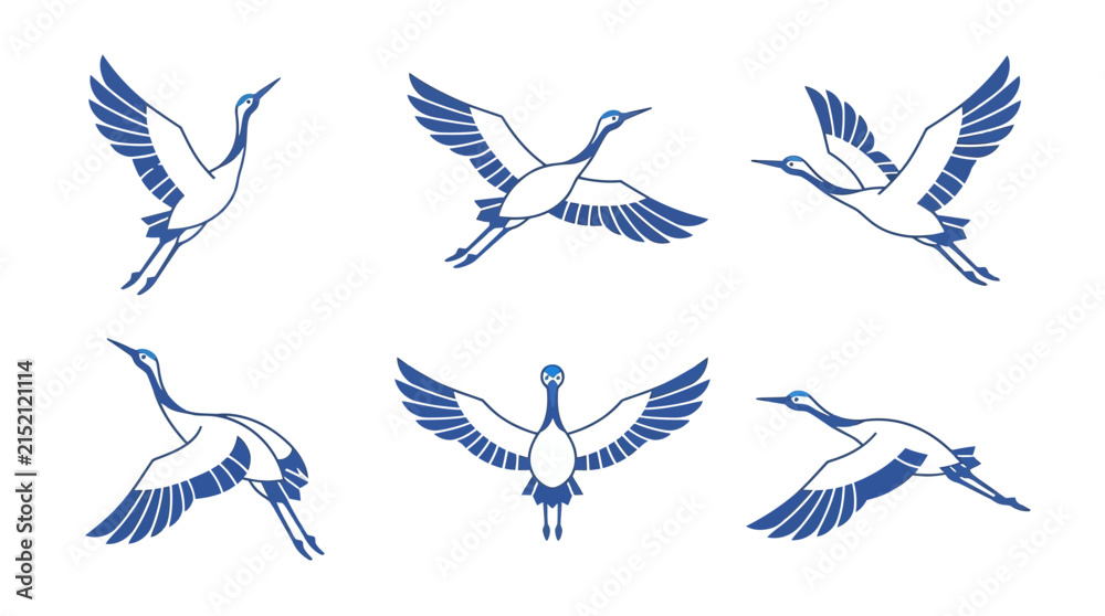 Fototapeta premium Crane bird vector silhouettes show various flying postures isolated on white backdrop.