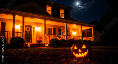 Warmly lit suburban house decorated for halloween with pumpkins and a wreath