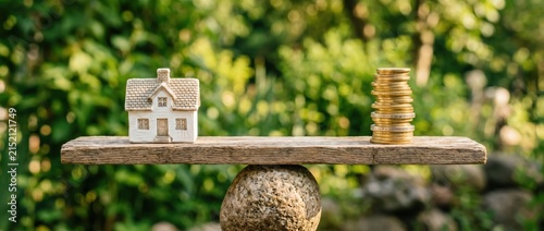 House and Money Balance on Scale with Green Background.