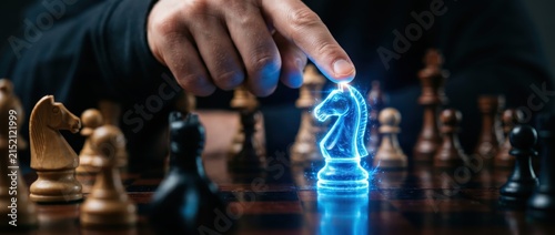 Strategic Move: Hand Placing Glowing Blue Knight Chess Piece on Board.