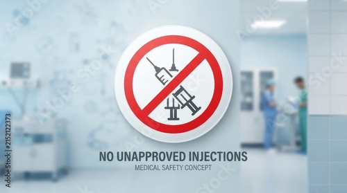 Medical facility warning sign prohibiting unauthorized injections safety compliance concept with bold prohibition symbol overlaying medical injection tools