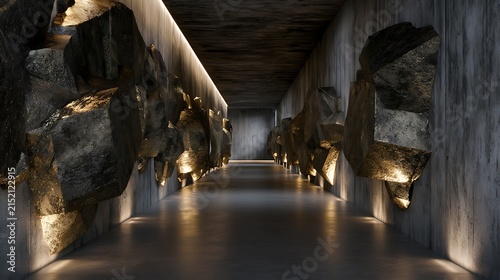 Prompt: A dramatic industrial-geological concept. A long, minimalist concrete corridor features walls embedded with giant, cubic formations of metallic golden pyrite reflecting harsh directional 