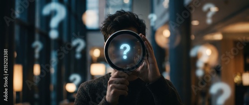 Man Holding Magnifying Glass with Question Mark Symbol.