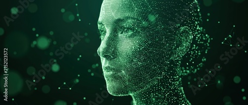 Digital Human Face with Abstract Particles and Network Connections.