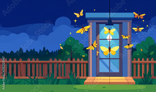Moths Flying Around Porch Light at Night in Backyard Garden Vector Illustration