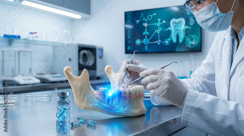 Scientist in the laboratory: dental regeneration using experimental therapy in the research phase.