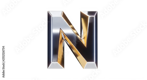 Modern stylized metallic letter N graphic design with reflective gold accents transparent background