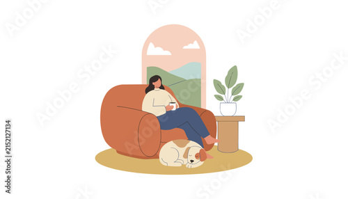 Woman holding a cup of coffee resting in an armchair with her sleeping dog illustrates cozy home life, peaceful leisure, and relaxation moments.
