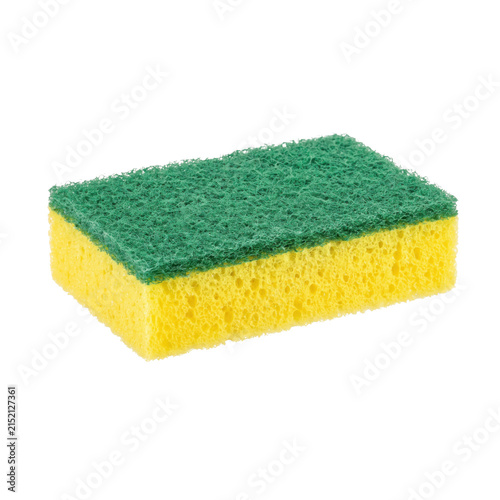 Bild auf Leinwand Yellow and green dual-sided kitchen sponge for scrubbing and cleaning dishes