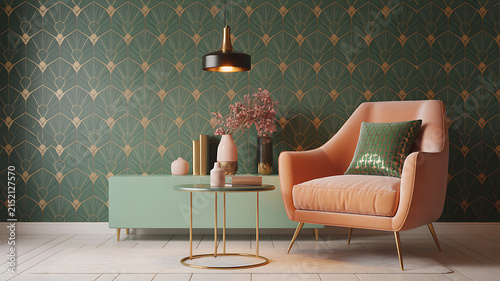 Luxury Art Deco Interior with Elegant Lounge Chair and Geometric Wallpaper
