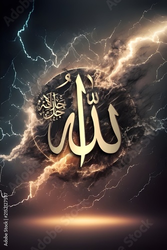 Arabic calligraphy artwork with flowing black lines, vivid blue watercolor splashes, and a clean white background, blending spiritual symbolism with contemporary artistic expression.