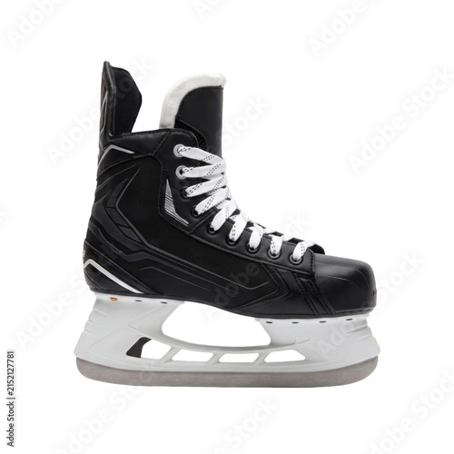 Canvas Print Professional black ice hockey skates with white laces and blade