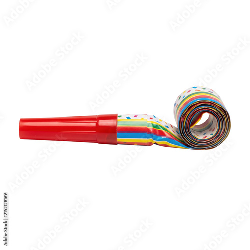 Obraz na płótnie Colorful party blower with red mouthpiece and rolled paper streamer