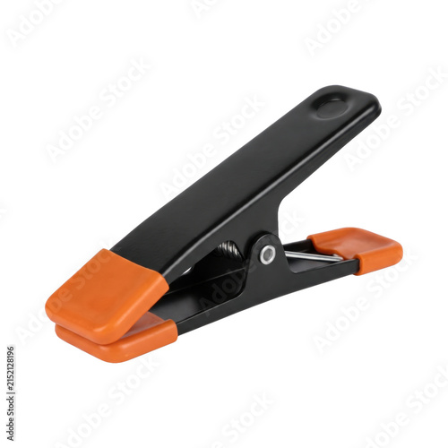 Fotografía Black spring clamp with orange rubber tips for secure grip and protection