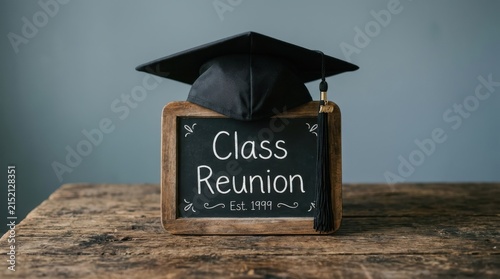 Graduation cap on a chalkboard with Class Reunion text for school anniversary celebration.
