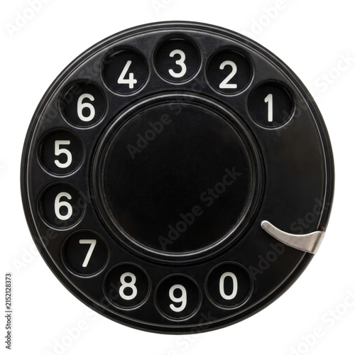Foto Vintage black rotary telephone dial with numbers zero through nine on a white ba
