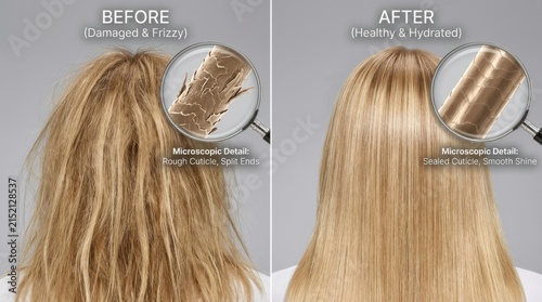 Hair treatment comparison showing damaged frizzy texture versus healthy hydrated strands