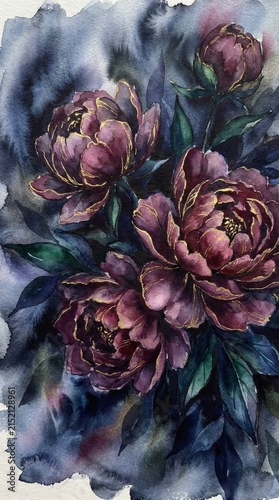 Dark Peonies with Gold Accents in Moody Watercolor Wash
