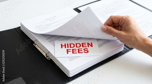 Hand revealing hidden fees text on a business document in a folder
