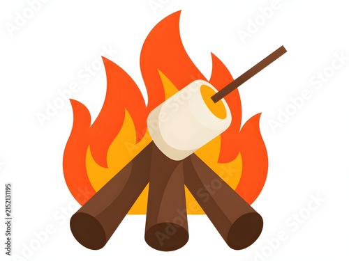 A campfire with burning logs and a wooden stick leaning against them