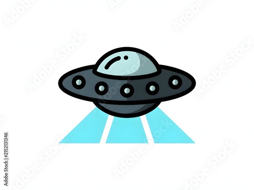 A stylized flying saucer spacecraft with a glowing light beam beneath it