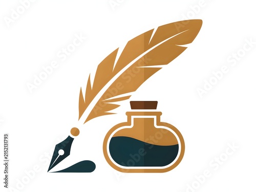 Elegant feather quill pen resting atop an inkwell with a drop of ink