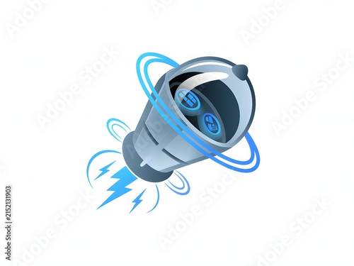 Modern stylized rocket launching into space with glowing blue trail effect