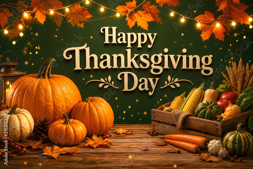 Happy thanksgiving day typography centered among rustic pumpkins and corn in wooden crate over dark green background for festive holiday signage or seasonal harvest event banners.
