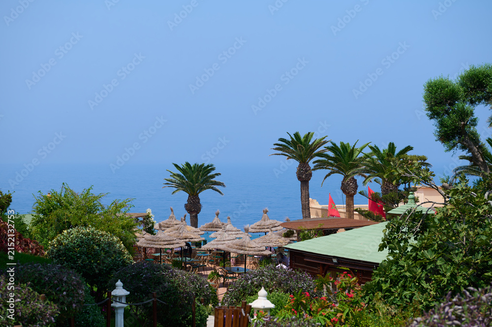 Fototapeta premium Coastal resort with palm trees and straw umbrellas overlooking the sea in Tangier