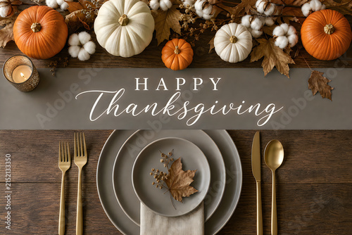 Rustic table setting with pumpkins cotton stems and autumn foliage featuring happy thanksgiving typography for seasonal holiday dining invitations or festive social media marketing.