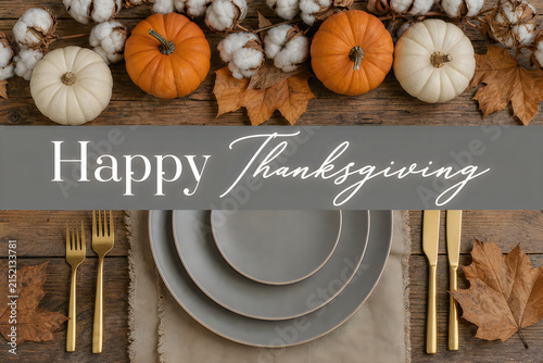 Happy thanksgiving text on gray banner over elegant table setting with gold cutlery and gray plates surrounded by white and orange pumpkins with dried autumn maple leaves and cotton.