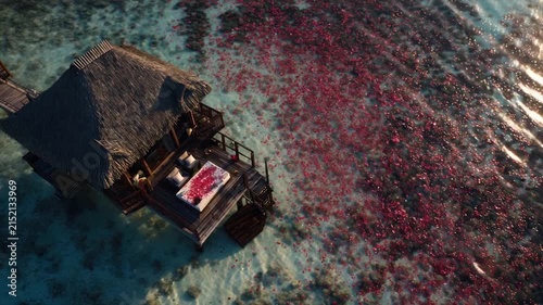 Aerial view of overwater bungalow, dining area, and scattered red petals in ocean
