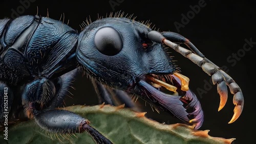 A highly detailed macro shot of an ant, showcasing its intricate anatomy and vibrant colors