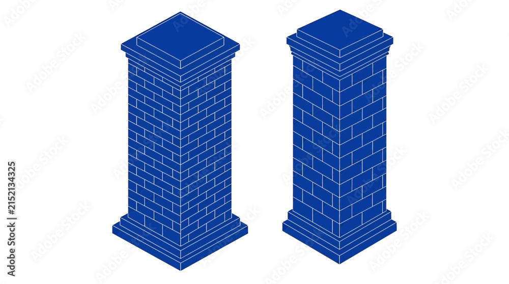 Fototapeta premium Set of two isometric brick pillars or columns with detailed texture for architectural and construction design projects