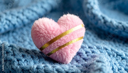 Small fuzzy pink heart with gold diagonal stripes, resting on woven blue fabric, cozy decorative textile composition.