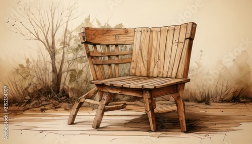 Rustic Wooden Chair in a Natural Setting Illustration.