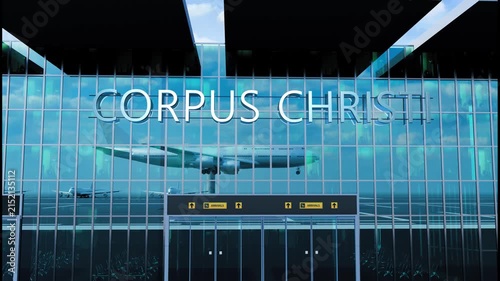 Airlane landing at Corpus Christi, USA. Arrival in the city with reflection of airport and aircraft