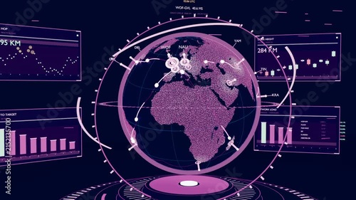 Activating HUD, holo globe rotating, pulsing nodes tracing arcs for network monitoring on platform