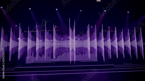 Pulsing pale-purple waveform visual reacting to audio beats on dark stage LED screen with equalizer