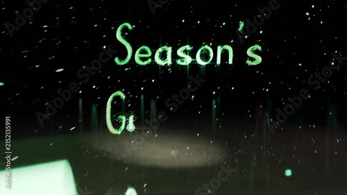 Merging green particles forming glowing text in void, spelling Season's Greetings with snow, mirror