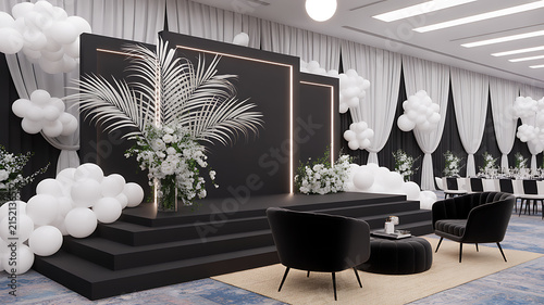 Elegant Luxury Wedding Stage with White Flowers, Balloons and Black Backdrop