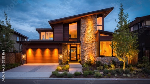 Modern residential home exterior at dusk illuminated with warm lighting